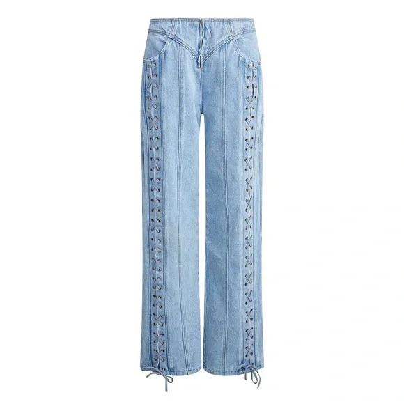 Lioness Daydream Tie Up Jean / Sky Blue Lace-Up Wide Leg Jeans - Picture 12 of 14